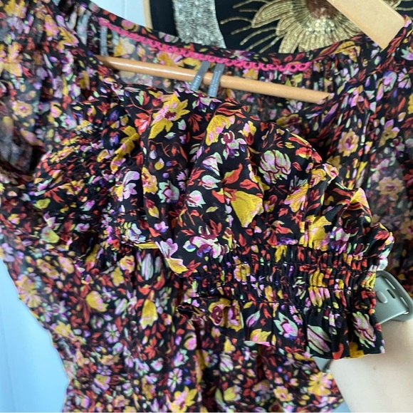 by Anthropologie Pauline Balloon-Sleeved Blouse Floral Black Tie Semi Sheer Top - Picture 7 of 15